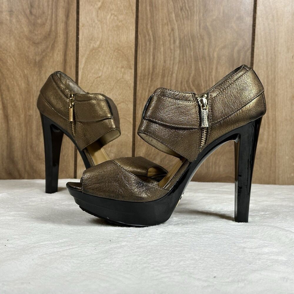 Michael Kors Bronze Metallic Platform Heels Womens 8.5M Peep Toe Stiletto Shoes